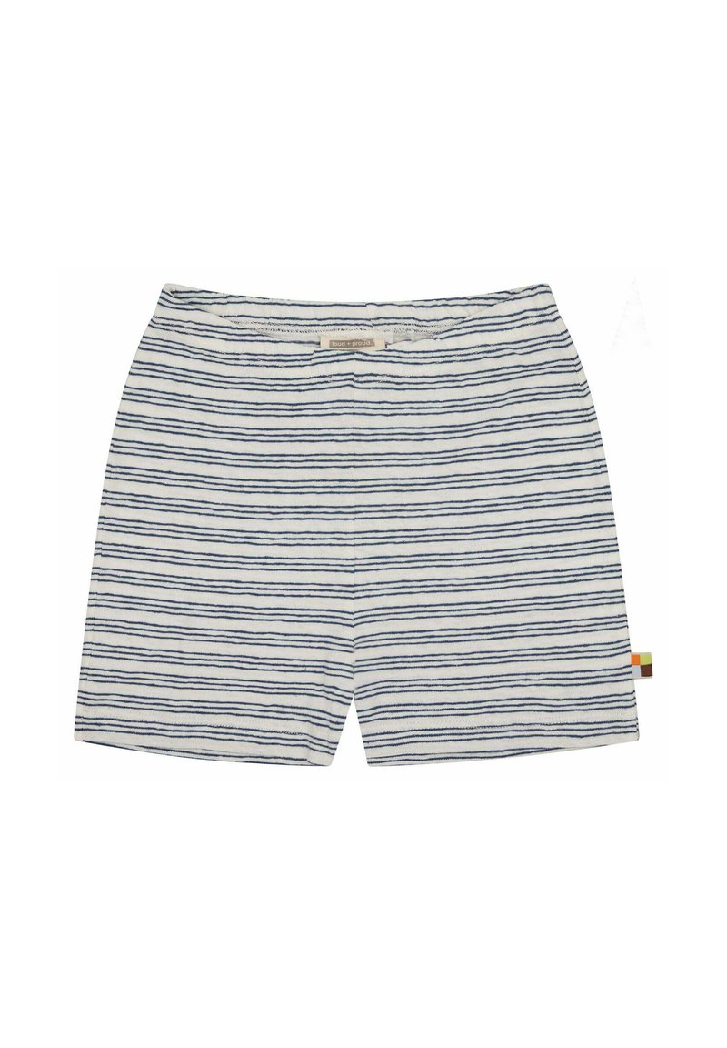 Pantaloni corti a righe realizzati in tessuto morbido, con linee orizzontali blu navy e bianche, e una piccola etichetta multicolore sul lato.