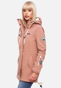 Light pink hooded jacket with a smooth texture, zippered pockets, drawstring at the waist, and a patch detail on the sleeve.