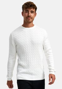 Hvit kabelstrikket genser med lange ermer, rund hals og ribbestrikkede hem, med et teksturert mønster over hele. Brukt over mørke bukser.