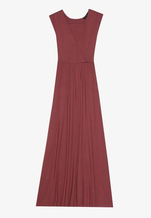Robe longue sans manches de couleur rose muted. Elle présente un décolleté en V, une taille plissée et un tissu léger et doux. Design uni, sans motifs.
