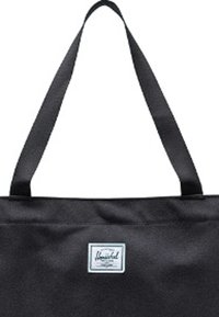 Borsa a tracolla nera in tessuto con due manici robusti, caratterizzata da un piccolo logo rettangolare sulla parte anteriore. Texture liscia e design minimalista.