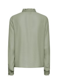Light green long-sleeve blouse with ruffled high collar and ruffled buttoned cuffs, shown from the back on a white background.