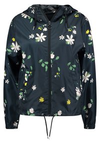 Granatowa kurtka w kwiaty wykonana z lekkiego, błyszczącego materiału. Posiada zamek błyskawiczny, kaptur, kieszenie boczne oraz sznurek w dolnej części. Białe i żółte kwiaty.