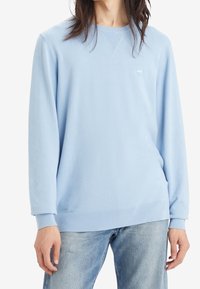 Ljusblå stickad tröja med rund halsringning, ribbade muddkanter och nederkant. Har en liten logotyp på bröstet. Mjuk textur och avslappnad passform.