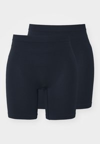 Dark navy ribbed boxer shorts with an elastic waistband, featuring a mid-thigh length and seamless design. Two pairs displayed.