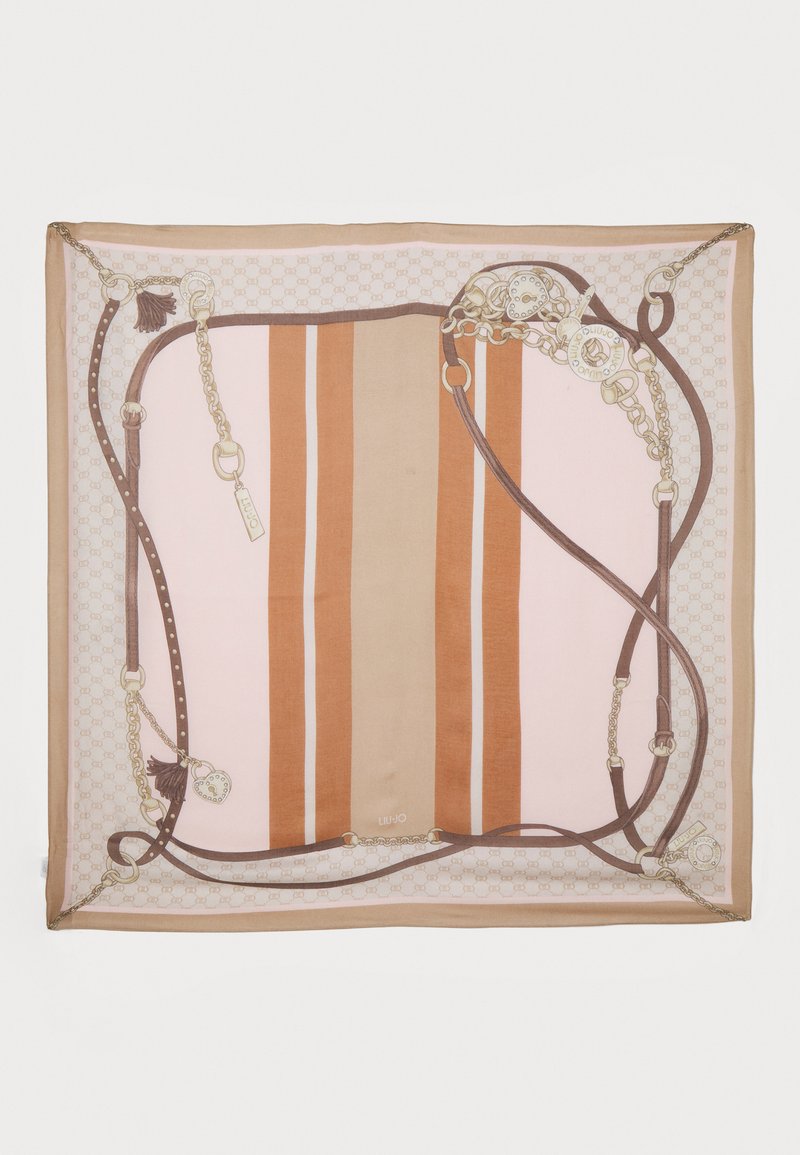 Zijden sjaal met een geometrisch patroon van bruine, roze en crèmekleurige strepen. Inclusief ketting- en riemillustraties langs de randen.