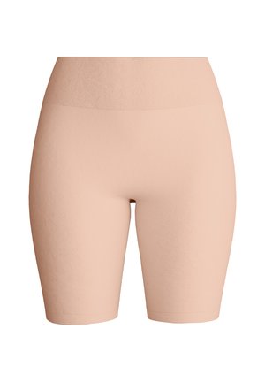 Naadloze shapewear shorts in nude kleur met hoge taille en een lengte tot halverwege het dijbeen, ontworpen voor een gladde contour en een comfortabele pasvorm.
