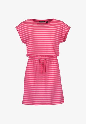 Robe rayée rose et blanche à manches courtes, coupe décontractée, taille élastique et cordon de serrage. Fabriquée en tissu doux et léger.