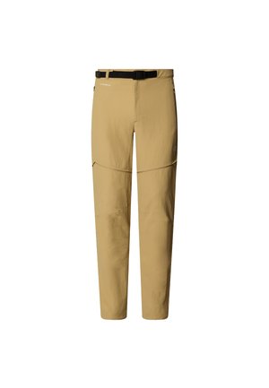 Khaki outdoor pants made of lightweight fabric, featuring a belt, zippered pockets, and a relaxed fit with articulated knees for mobility.