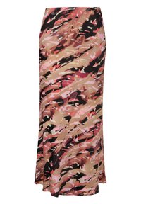Longue jupe avec motif abstrait de coups de pinceau en tons rose, beige, noir et marron sur un tissu lisse.