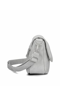 Graue Lederhandtasche mit weicher Textur, abgerundeter Form, verstellbarem Riemen und silberner Hardware, ausgestattet mit einem Reißverschlussfach an der Seite.