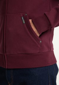 Sudadera con cremallera color burdeos, con un bolsillo frontal, puños y dobladillo acanalados, y un pequeño detalle de etiqueta en el bolsillo. Material de algodón suave.