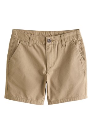 Shorts in cotone beige con bottone frontale, cerniera, passanti per cintura e due tasche laterali inclinate, mostrati su sfondo bianco uniforme.
