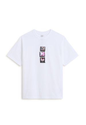 White short-sleeve crew neck T-shirt with graphic of three stacked vintage TVs displaying pink and purple static and abstract images.