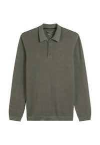 Polo a maniche lunghe in verde oliva tenue, tessuto texturizzato, chiusura con tre bottoni, piccolo logo sul petto, polsini e orlo a coste.