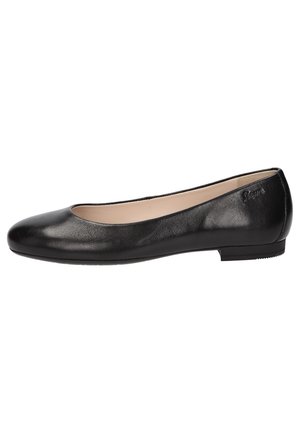 Ballerine femme en cuir noir avec bout arrondi, talon bas et doublure intérieure beige.