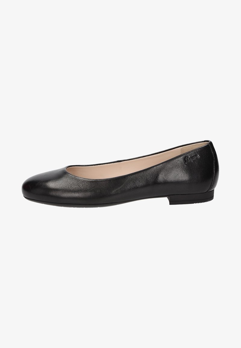 Ballerine femme en cuir noir avec bout arrondi, talon bas et doublure intérieure beige.