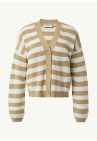 Häkelkarte mit V-Ausschnitt, in beige-weißen Streifen, fünf Knöpfen an der Vorderseite sowie gerippten Bündchen und Saum.