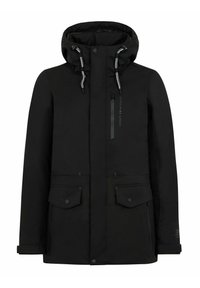 Veste d'hiver noire à capuche avec cordons de serrage ajustables, fermeture éclair frontale, poche poitrine et deux poches à rabat avec boutons-pression.