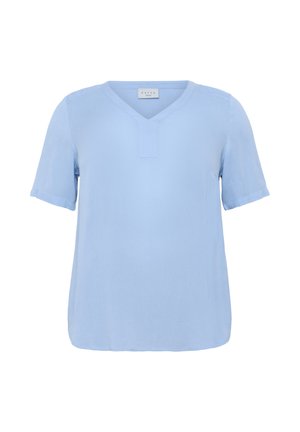 Top scurt cu maneci scurte de culoare blue deschis, cu decolteu în V, textură moale și croială lejeră. Cusături distinctive de-a lungul decolteului și manșetelor.