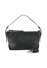 Sac à main en cuir noir avec fermeture éclair supérieure, poche extérieure zippée avec un gland, bandoulière unique, et sangle crossbody amovible et réglable.