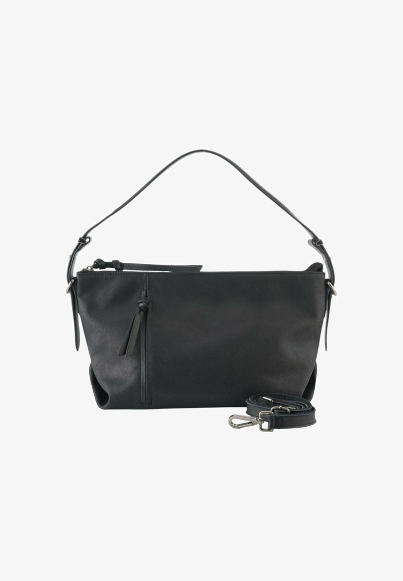 Sac à main en cuir noir avec fermeture éclair supérieure, poche extérieure zippée avec un gland, bandoulière unique, et sangle crossbody amovible et réglable.