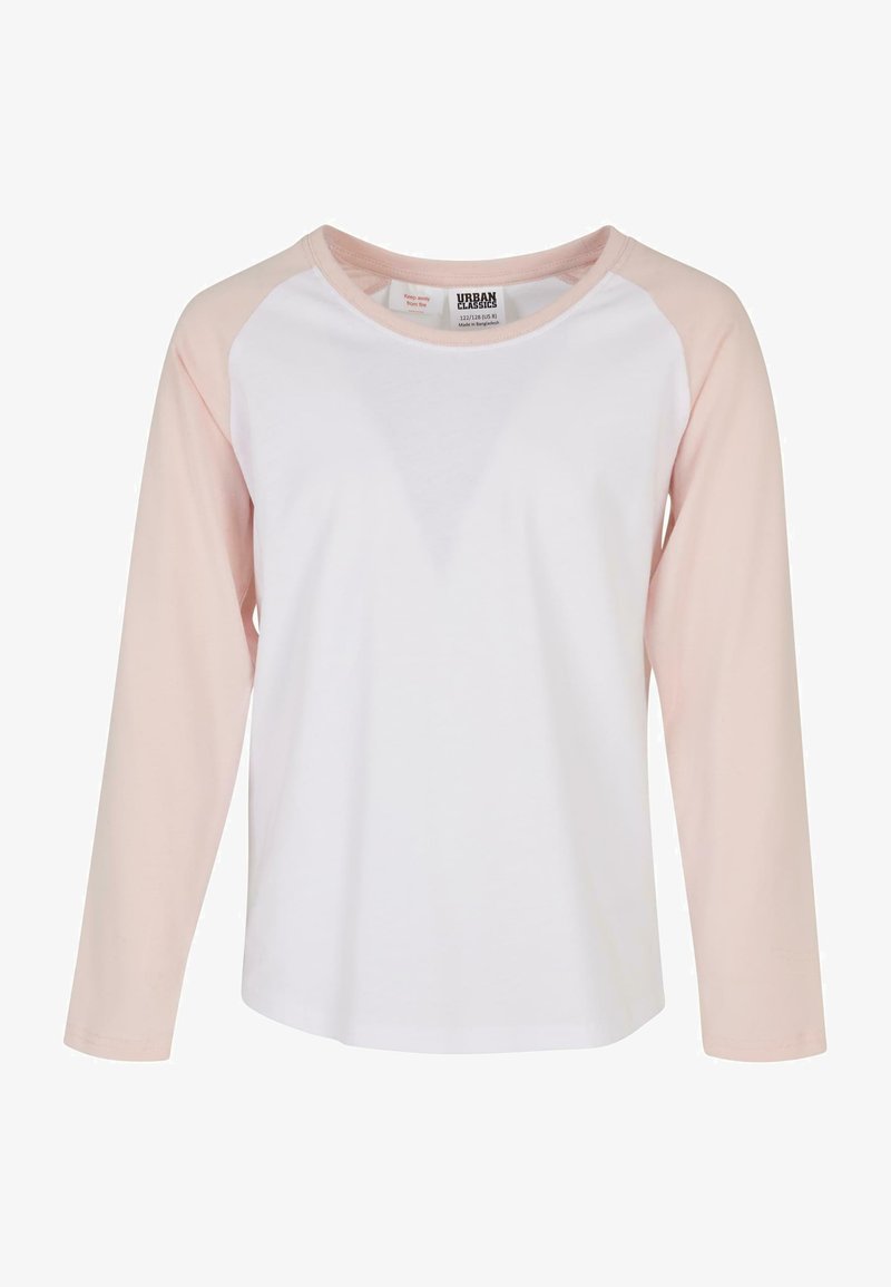 Hosszú ujjú baseball póló fehér testtel és puha rózsaszín raglán ujjakkal, kerek nyakkal és laza szabással. Pamut keverék anyag.