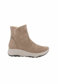 Stivale alla caviglia in suede beige con colletto in maglia morbida. Presenta un design slip-on e una suola bianca spessa con gomma testurizzata per una migliore aderenza.