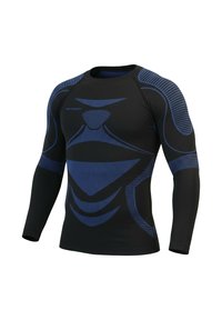 Black long-sleeve athletic shirt with blue geometric patterns and textured accents. Features a fitted design and round neckline.