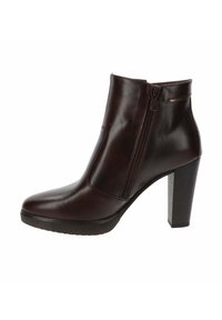 Bottines en cuir marron foncé avec fermeture éclair sur le côté et talon carré, conçues pour les femmes, présentées de l'extérieur.