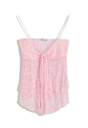 Pink lace top with spaghetti straps, featuring a knotted center detail and a flowing silhouette. Textured fabric with a soft appearance.