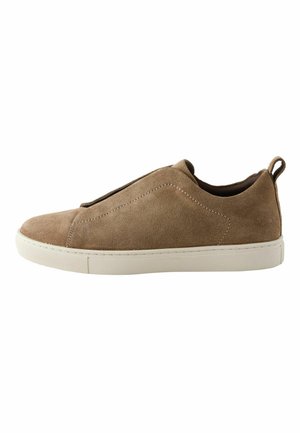 Brown suede slip-on sneaker with white rubber sole and pull tab at heel, shown from the outer side on a white background.