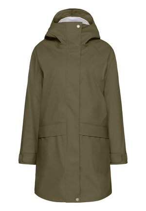 Olivenfarvet vandtæt parka-jakke med høj krave, justerbar hætte og forlommer. Har en glat tekstur og trykknap-lukninger.