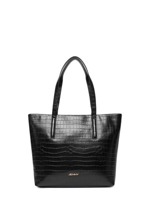 Bolso tote negro con textura de cocodrilo, dos asas y logo dorado "JENNY" en el centro del frente.