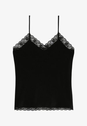 Schwarzes Satin-Camisole mit dünnen Trägern und floraler Spitzenverzierung entlang des Ausschnitts und Saums.