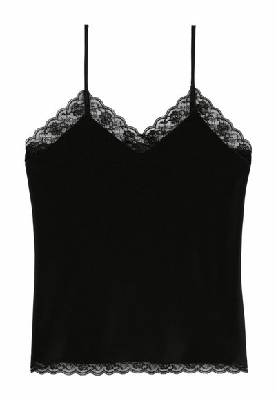Camiseta de satén negra con tirantes finos y borde de encaje floral a lo largo del escote y el dobladillo.