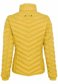 Veste matelassée jaune avec coutures en chevron, manches longues et col court montant vue de dos.