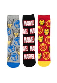 Tre paia di calzini: grigi con il viso e il martello di Thor, neri con il testo rosso "MARVEL", rossi con il volto di Iron Man su uno sfondo giallo.