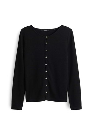 Schwarzer Cardigan aus weichem Stoff, mit runder Halslinie, langen Ärmeln und einer vorderen Knopfverschluss mit metallischen Knöpfen.