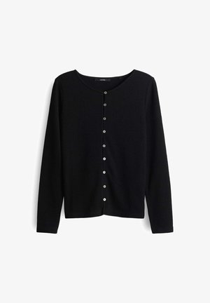 Cardigan noir en tissu doux, avec un col rond, des manches longues et une fermeture à boutons à l'avant avec des boutons métalliques.