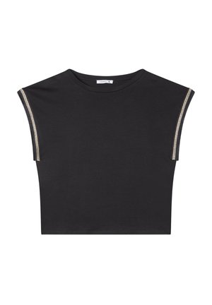 T-shirt nera corta realizzata in morbido tessuto. Presenta spalle larghe con accenti a strisce metalliche lungo le maniche. Design semplice e moderno.