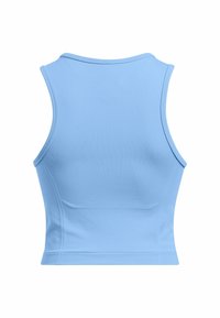 Top corto blu, realizzato in tessuto liscio e stretchy. Presenta un collo rotondo e ampie aperture per le braccia. Design semplice senza ulteriori motivi.