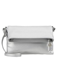 Silver leather clutch bag with a textured surface, a fold-over flap, zip closure, and adjustable shoulder strap. Includes a small charm.