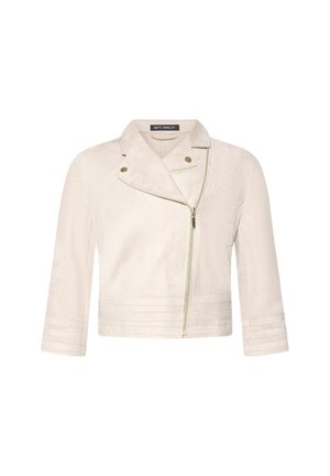 Veste courte crème avec fermeture éclair asymétrique à l'avant, col à revers, manches trois-quarts et détails piqués sur les manches et l'ourlet.
