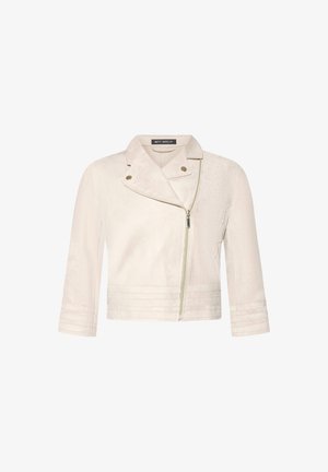 Veste courte crème avec fermeture éclair asymétrique à l'avant, col à revers, manches trois-quarts et détails piqués sur les manches et l'ourlet.
