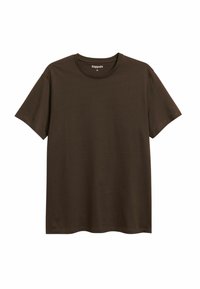 En ensfarvet mørkebrun kortærmet t-shirt i bomuld med rund hals, størrelse medium, præsenteret på hvid baggrund.