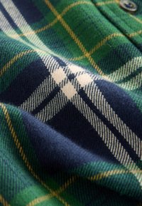 Pledi audums zaļā, tumši zilā un baltā krāsā ar mīkstu tekstūru. Ievērojams ar raksturīgo rūtaino rakstu un vilnai līdzīgu izskatu.