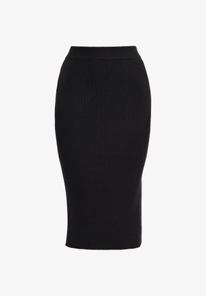 Sort ribbet midi-sygt med en tætsiddende silhuet og en høj talje. Stofstrukturen er glat med lodret ribbede detaljer for stil.