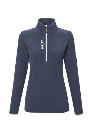 Marineblaues Fleece-Oberteil mit einem Viertelreißverschluss und hohem Kragen. Gerippte Textur, weißer Akzent-Reißverschluss und Logo auf der Vorderseite und am Ärmel.