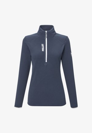 Navy blue fleece top with a quarter zip and high collar. Ribbed texture, white accent zipper, and logo on the front and sleeve.